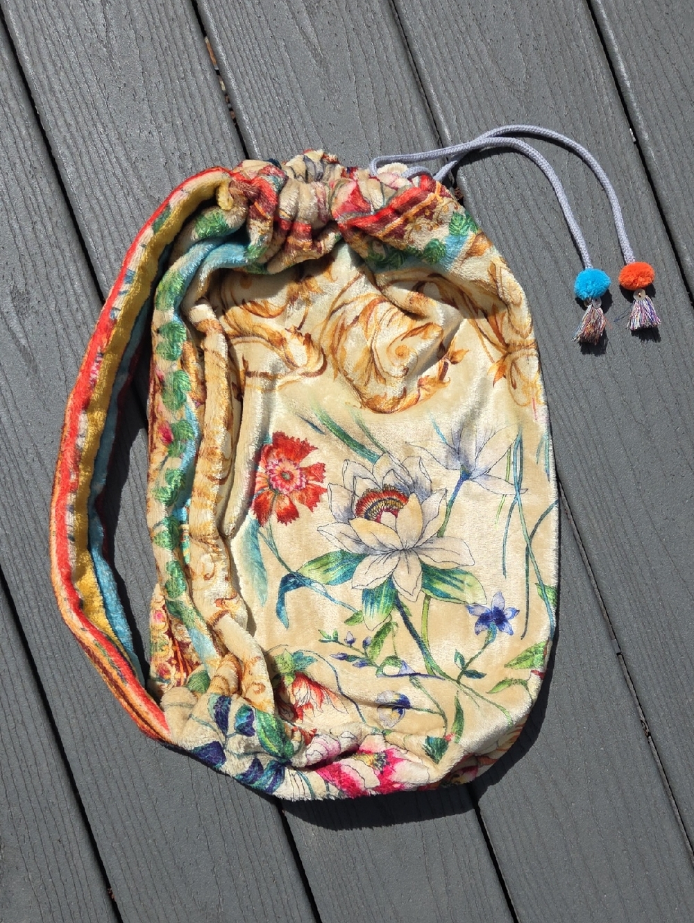 Johnny Was Cream Floral Velvet Drawstring Bag with Multicolor Trim